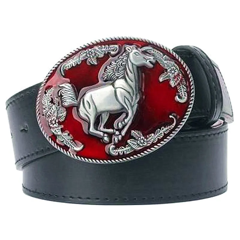 Western cowboy style men's belt horse leather totem courser horsemanship metal buckle horserace belt leather steed animal logo