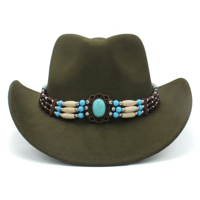 Wool Wide Brim Fedora Hats With Turquoise And Hairpipe Beads In 11 Different Colors Boho Southwestern Adjustable Size