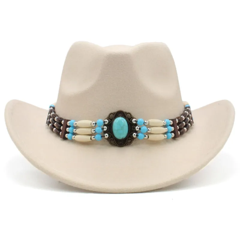 Wool Wide Brim Fedora Hats With Turquoise And Hairpipe Beads In 11 Different Colors Boho Southwestern Adjustable Size