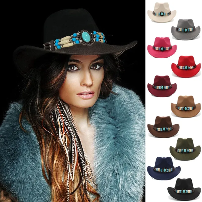 Wool Wide Brim Fedora Hats With Turquoise And Hairpipe Beads In 11 Different Colors Boho Southwestern Adjustable Size