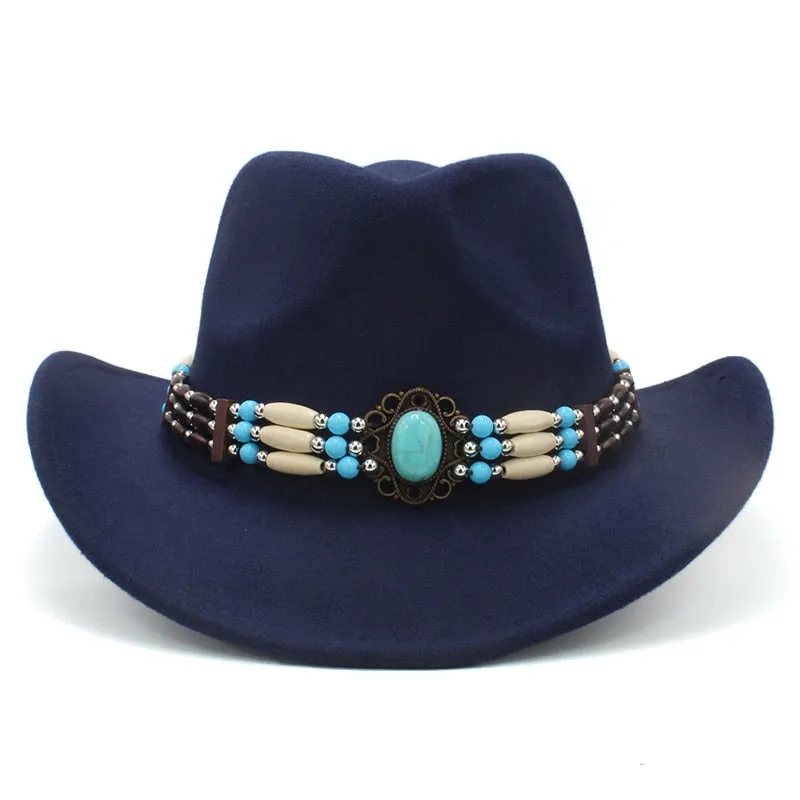 Wool Wide Brim Fedora Hats With Turquoise And Hairpipe Beads In 11 Different Colors Boho Southwestern Adjustable Size