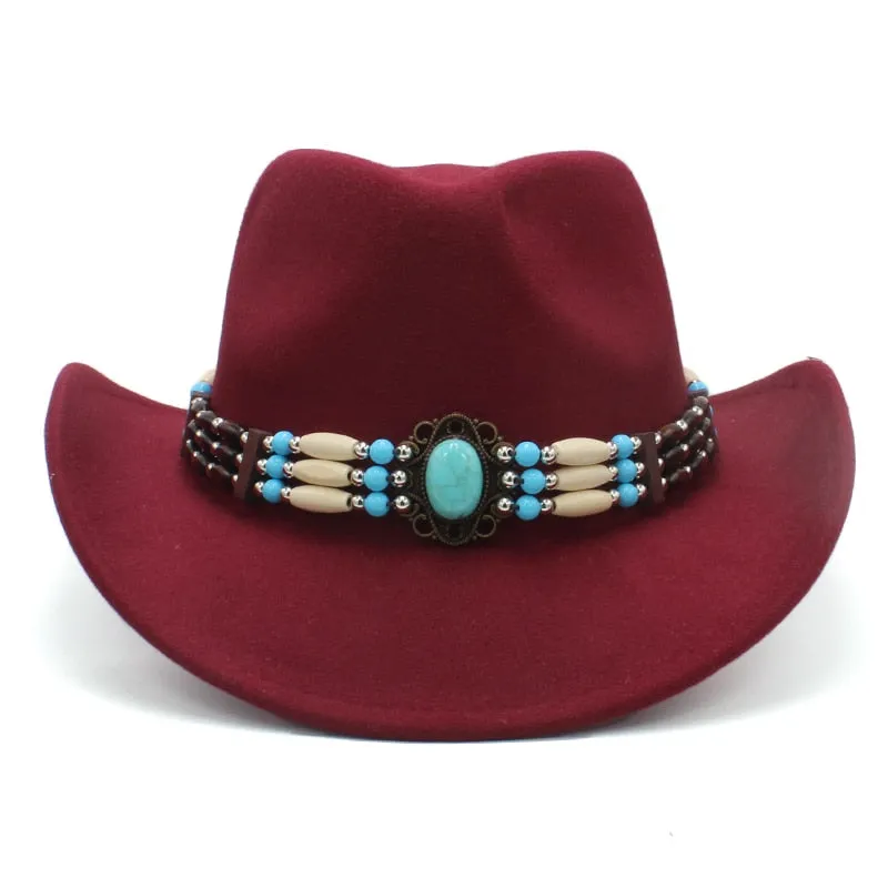 Wool Wide Brim Fedora Hats With Turquoise And Hairpipe Beads In 11 Different Colors Boho Southwestern Adjustable Size