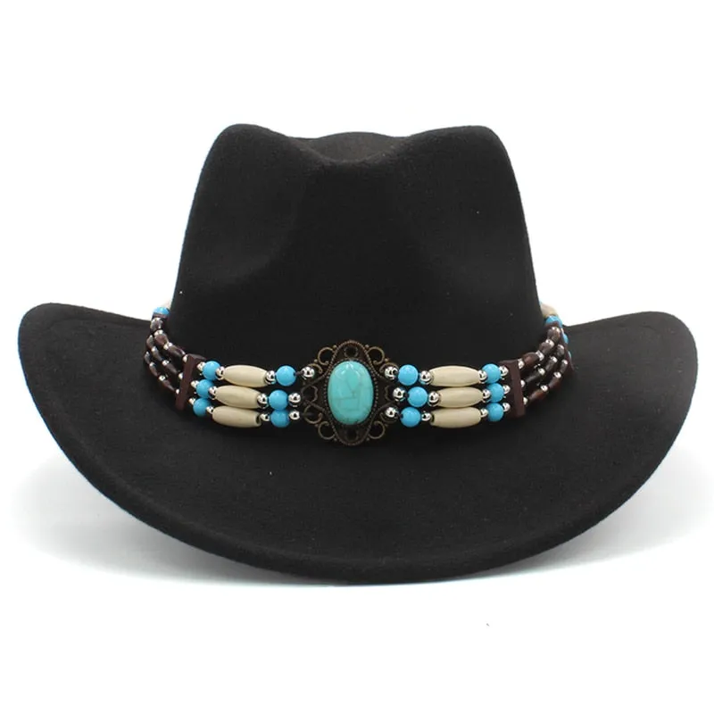 Wool Wide Brim Fedora Hats With Turquoise And Hairpipe Beads In 11 Different Colors Boho Southwestern Adjustable Size