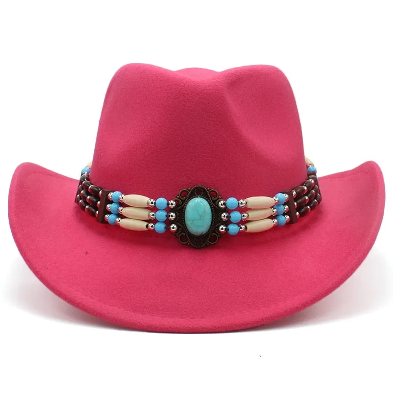 Wool Wide Brim Fedora Hats With Turquoise And Hairpipe Beads In 11 Different Colors Boho Southwestern Adjustable Size