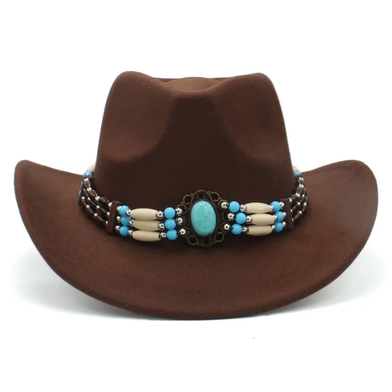 Wool Wide Brim Fedora Hats With Turquoise And Hairpipe Beads In 11 Different Colors Boho Southwestern Adjustable Size