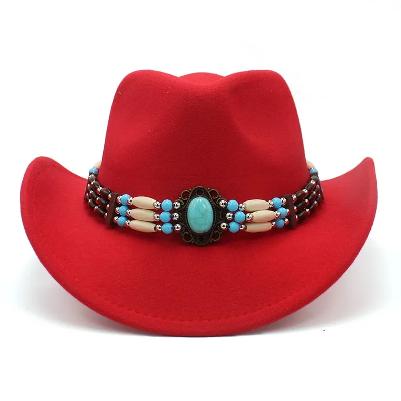 Wool Wide Brim Fedora Hats With Turquoise And Hairpipe Beads In 11 Different Colors Boho Southwestern Adjustable Size