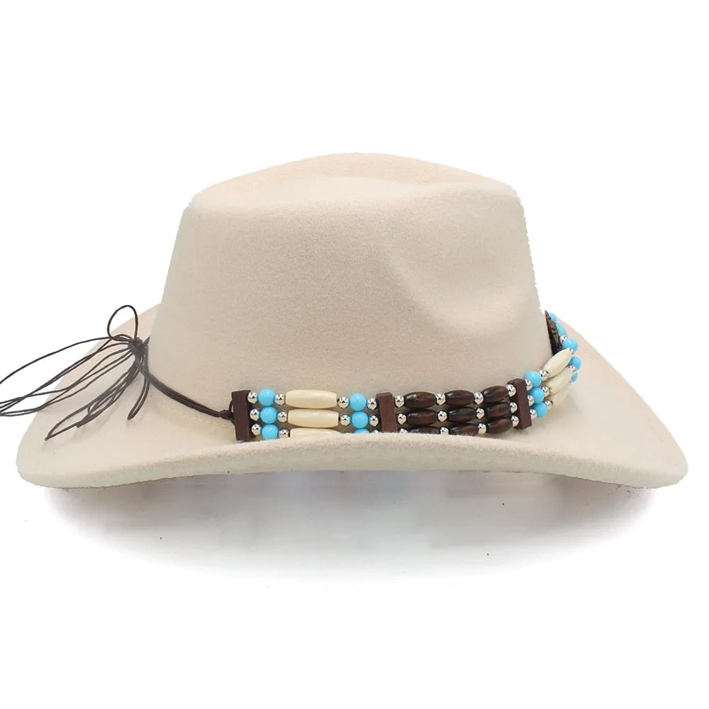 Wool Wide Brim Fedora Hats With Turquoise And Hairpipe Beads In 11 Different Colors Boho Southwestern Adjustable Size