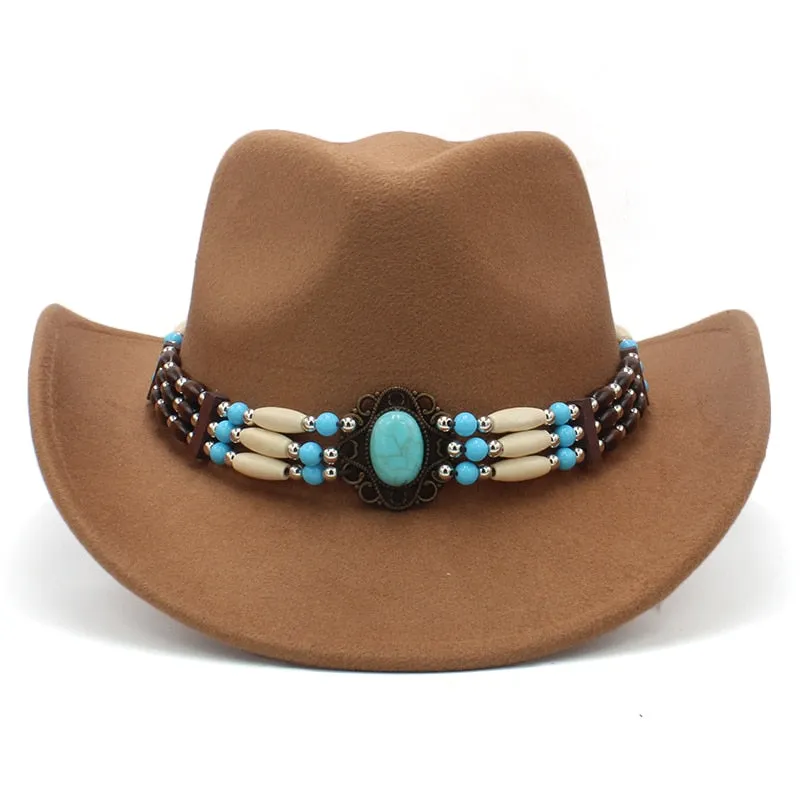 Wool Wide Brim Fedora Hats With Turquoise And Hairpipe Beads In 11 Different Colors Boho Southwestern Adjustable Size