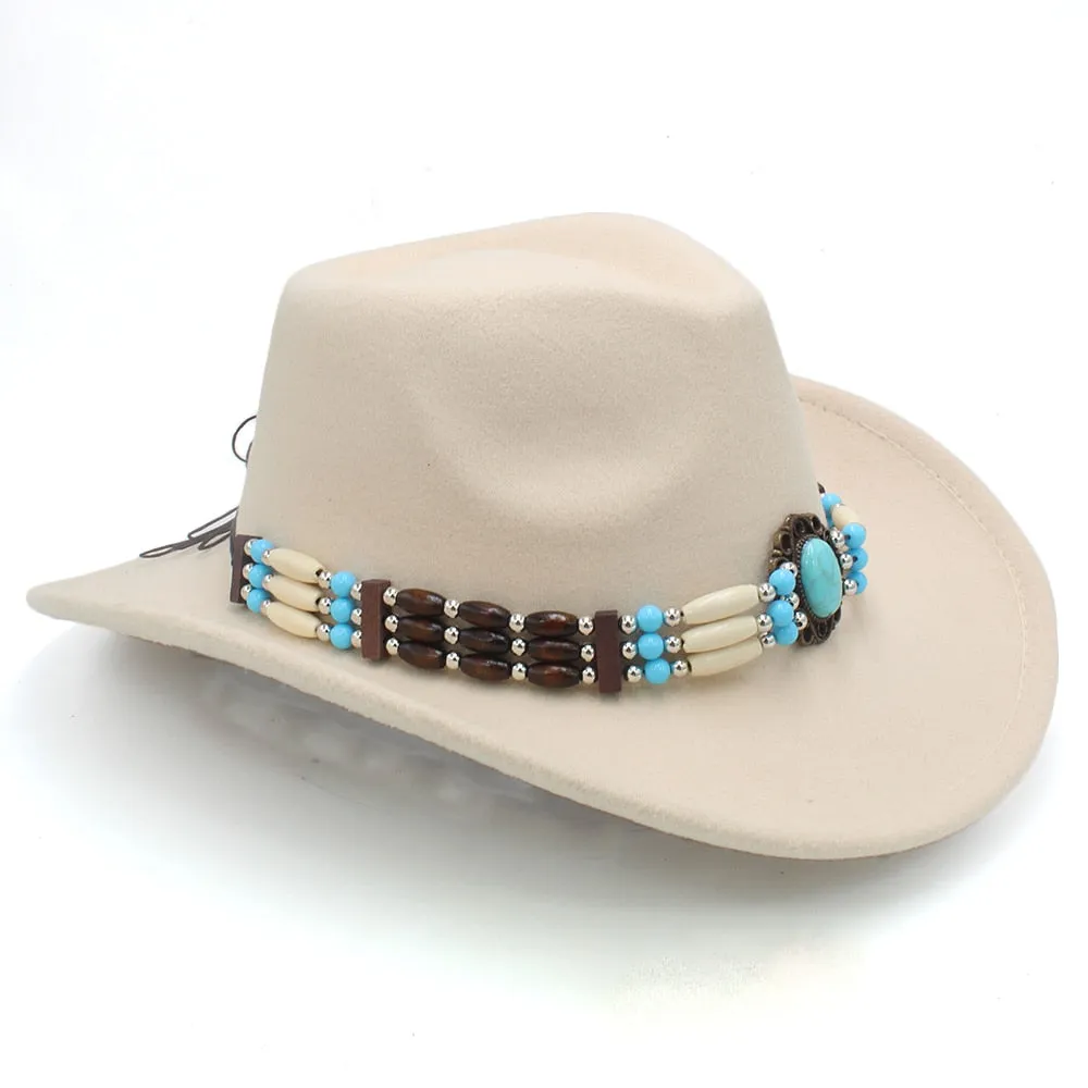 Wool Wide Brim Fedora Hats With Turquoise And Hairpipe Beads In 11 Different Colors Boho Southwestern Adjustable Size